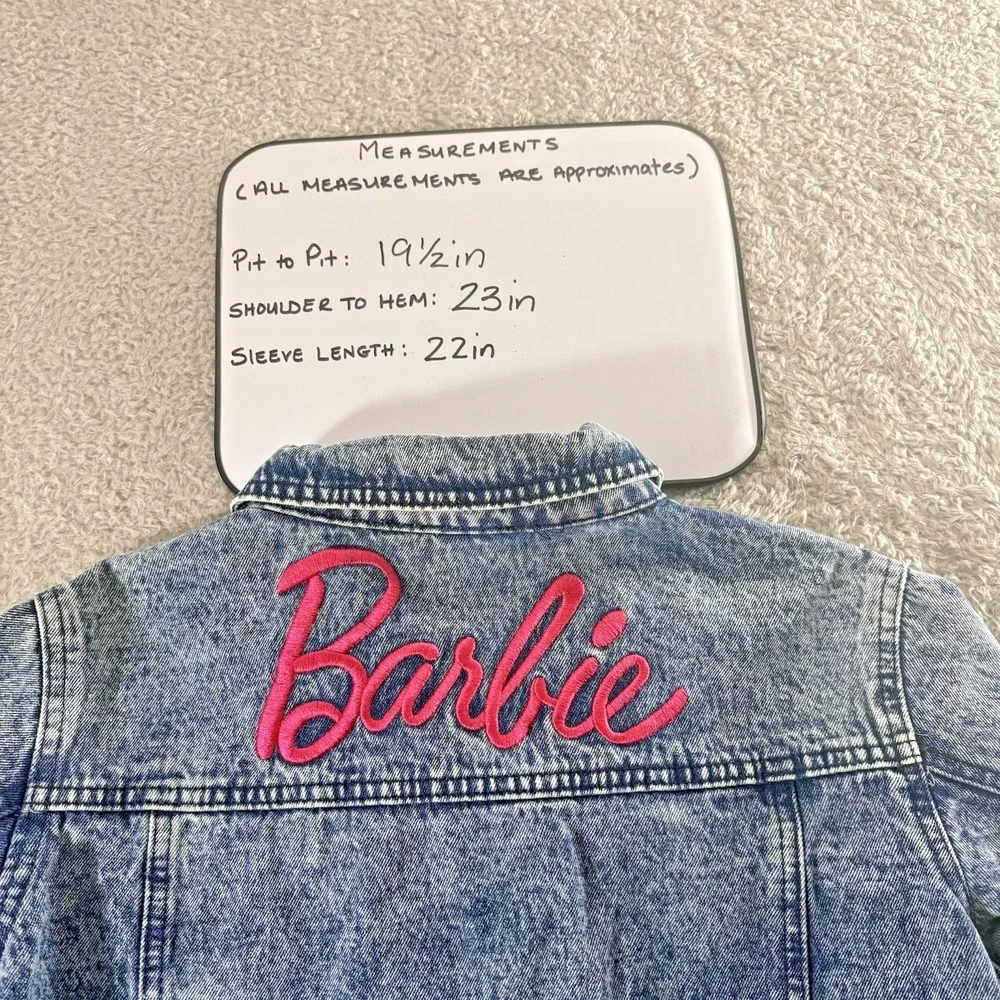 Mattel Barbie Blue Acid Wash Denim Trucker Jacket  Adult Youth XL Barbiecore Y2K